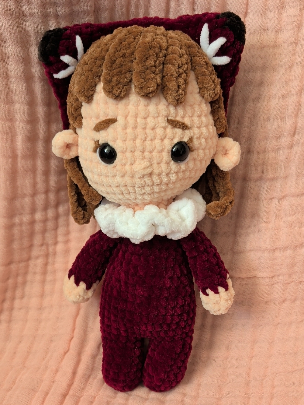 Handmade Crochet Plush Doll in Deep Burgundy with Fox Ear Headband